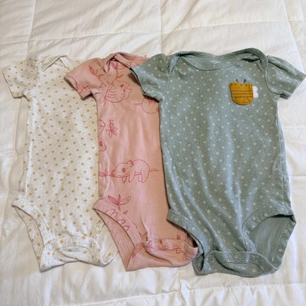 Carters Baby Girls 12M Short Sleeve Bodysuit 3 Pack Koala Bee Floral Pink Green